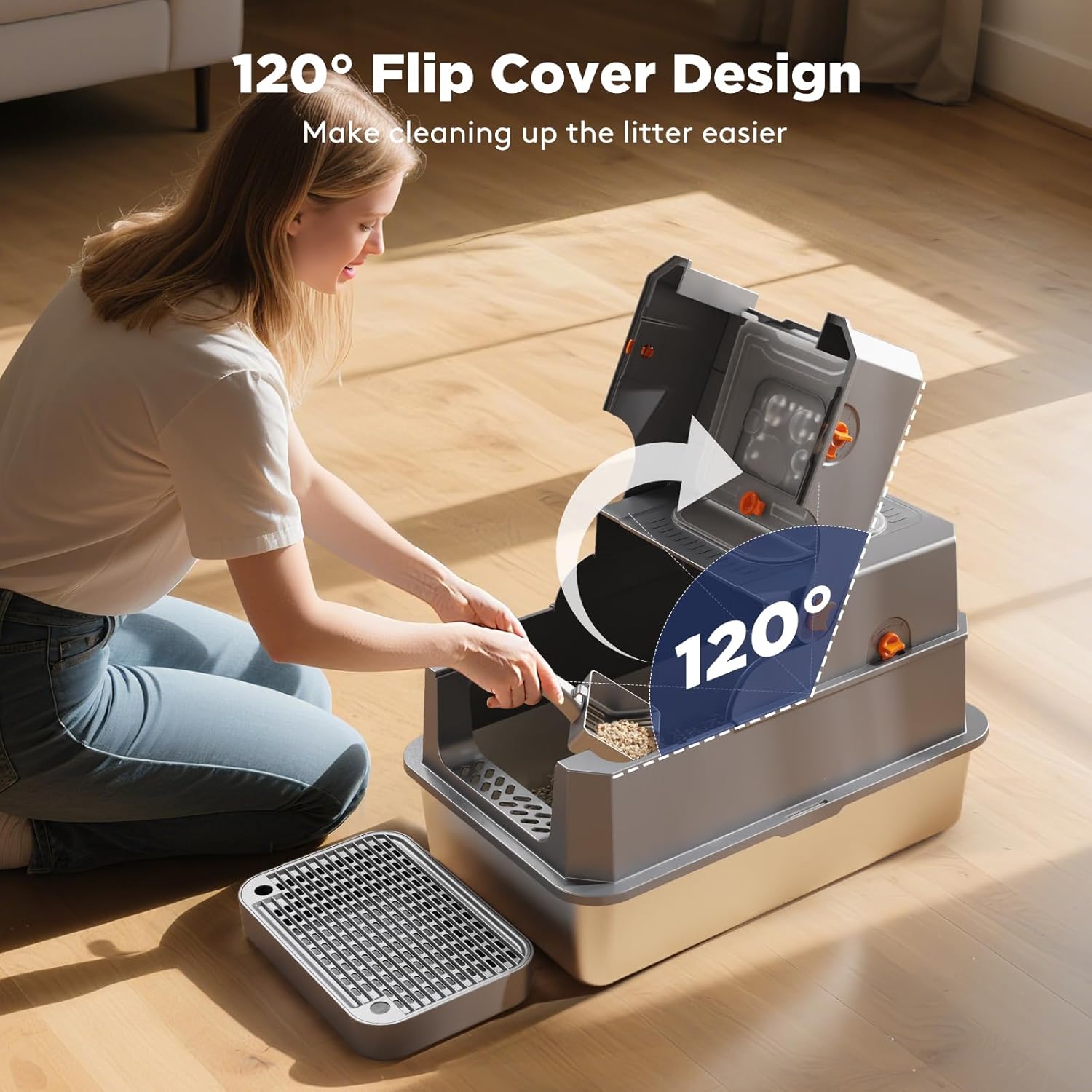 PetsShone Enclosed Stainless Steel Litter Box in modern home setting